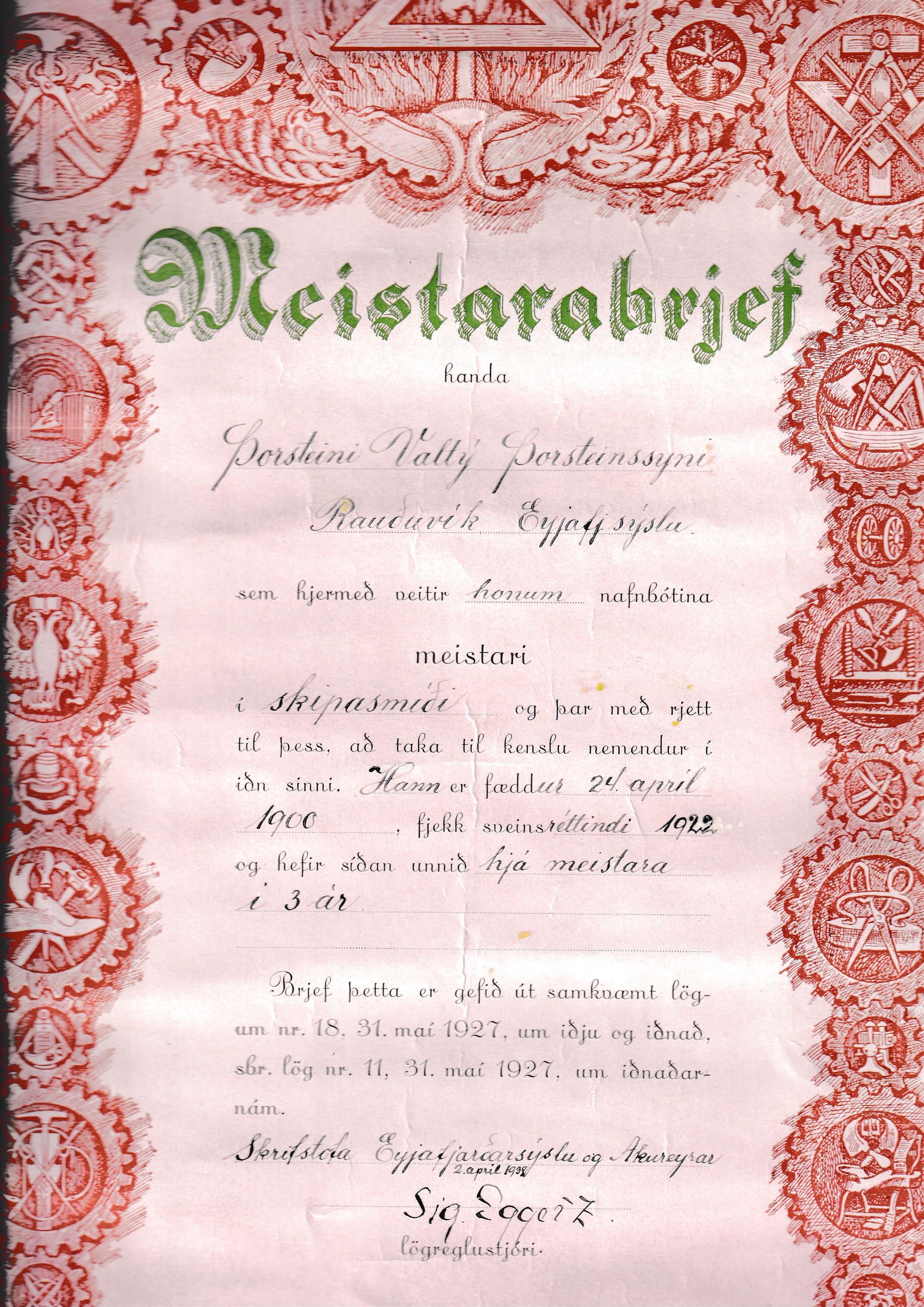 Meistarabréf Valtýs Þorsteinssonar, Rauðuvík